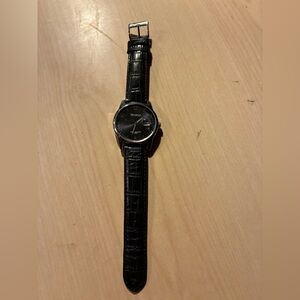 Armitron Black Dial Silver-Tone Case Watch with Black Leather Strap